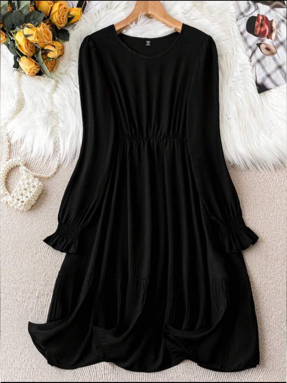 SHEIN Black Textured Long Sleeve Dress